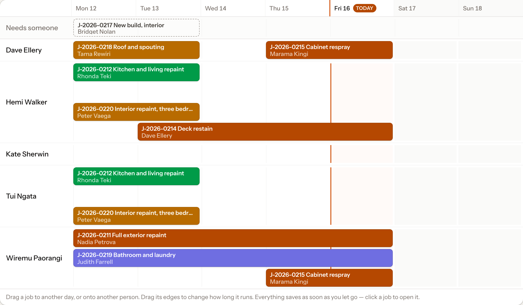The crew board: a week across, one row per person, with jobs drawn as blocks over the days they run.