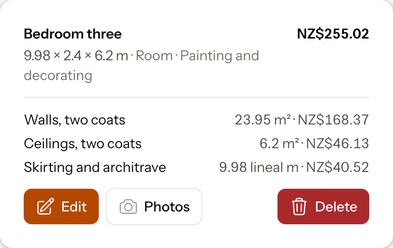 One room on a quote: 9.98 by 2.4 by 6.2 metres, and under it walls 23.95 square metres, ceilings 6.2, skirting 9.98 lineal metres, each with its price.