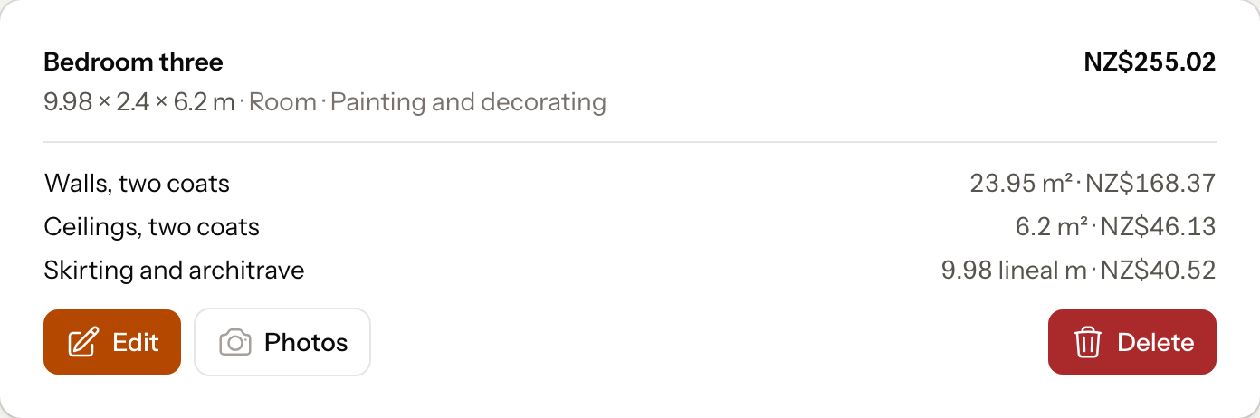 One room on a quote: 9.98 by 2.4 by 6.2 metres, and under it walls 23.95 square metres, ceilings 6.2, skirting 9.98 lineal metres, each with its price.