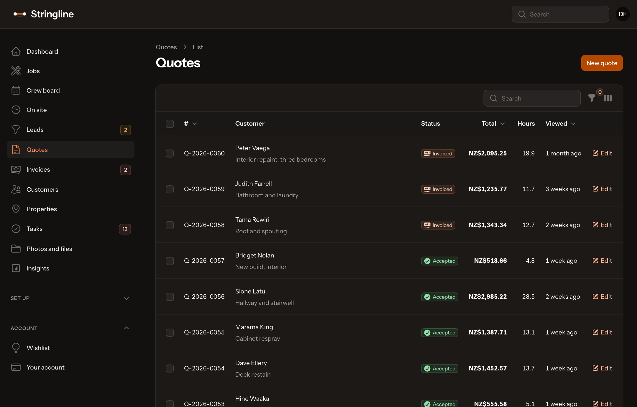 The quotes list in Stringline, in its dark theme: quote number, customer, what the job is, status, total and hours.